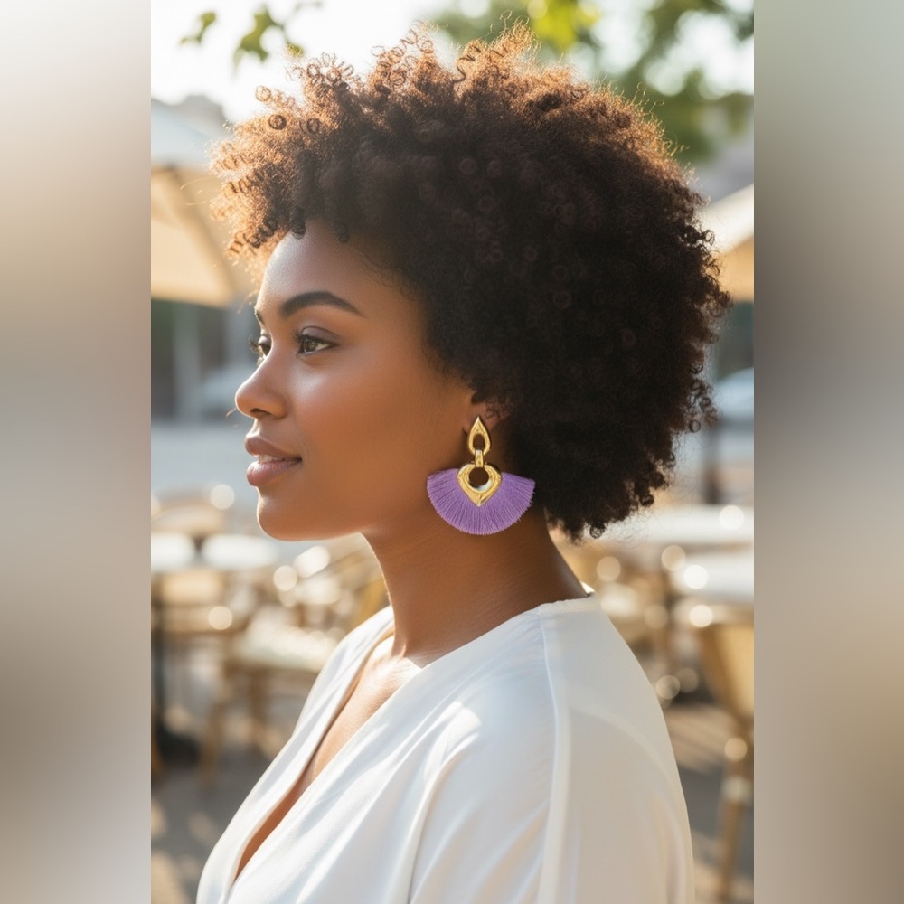 - Gold Heart Purple Tassel Statement Drop Earrings Modern Statement Jewelry